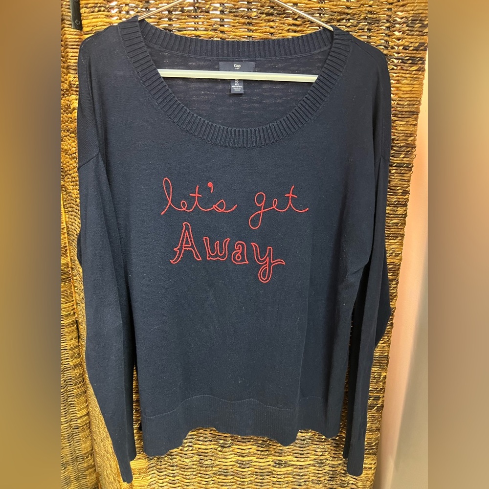 Gap- Blue sweater, let’s get away red yarn, Size: Large